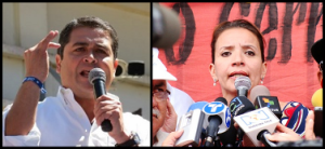 Juan Orlando Hernández Photo credit: Tercera Informacion / wikimedia commons / and Xiomara Castro / Photo credit: hablaguate / Flickr / Creative Commons 