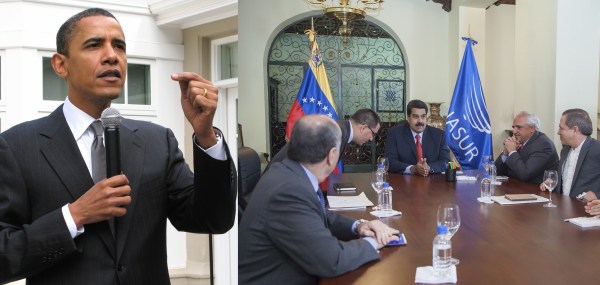(l) President Obama, (r) UNASUR Commission Visits Venezuela. Photo Credits: Steve Jurvetson and Cancillería de Ecuador / Flickr / Creative Commons