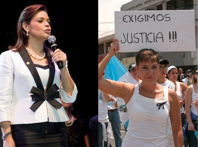 Former Vice President of Guatemala Roxana Baldetti (l) and a protestor with sign "We demand justice" Photo Credits: Surizar / Flickr / Creative Commons