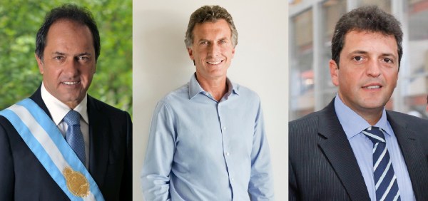 Candidates, left to right: Daniel Scioli, Mauricio Macri, and Sergio Massa. Photo Credits: Cgazzo, Inés Tanoira, and Tigre Municipio, respectively / Wikimedia Commons / CC BY 2.0