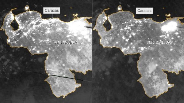 Two side by side images of Venezuela's territory comparing the electrical grid on March 7 and March 12, after six days of blackout