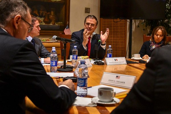 Mexican Foreign Secretary Marcelo Ebrard speaks during a meeting in 2018, during which U.S. Secretary Mike Pompeo was present
