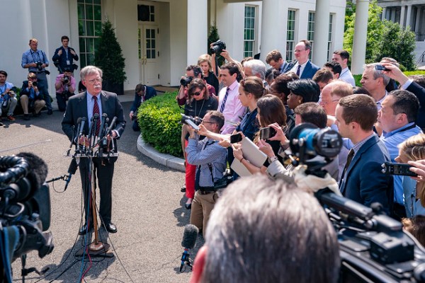 Former White House National Security Adviser John Bolton speaks to reporters on events occurring in Venezuela Tuesday, April 30, 2019, outside the West Wing entrance of the White House.